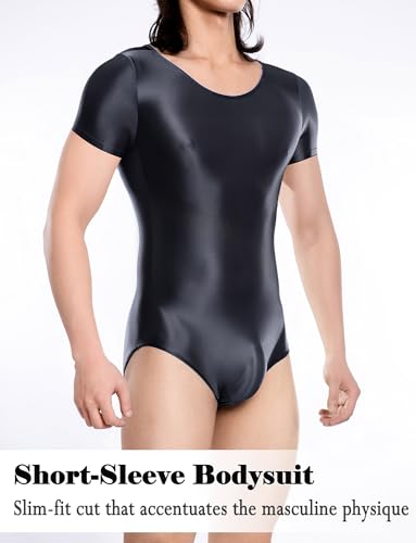 FEOYA Men Shiny Oil Glossy Bdoysuit One Piece Short Sleeve Silky Leotard Jumpsuit Romper3
