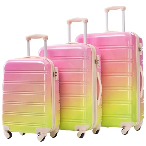HABITRIO 3 Piece Luggage Sets, Hardshell Gradient Color Expandable Suitcase, with Spinner Wheels and TSA Lock, Lightweight and durable, 20" 24" 28", Pink+Green2