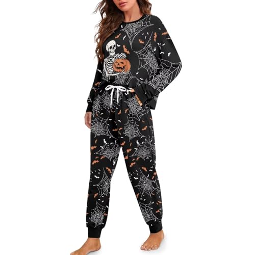 Women Halloween Pajamas Set Round Neck Pj 2 Piece Lounge Sets Pajama with Pockets Long Sleeve Outfits Soft Sleepwear