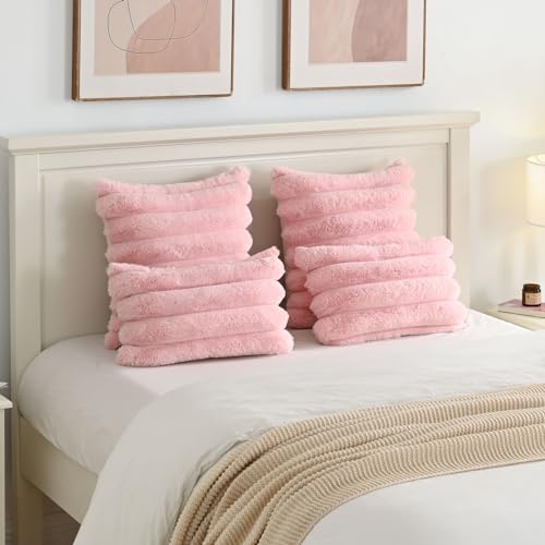 FUTEI Pack of 2 Faux Rabbit Fur Throw Pillow Covers 18x18 Inch, Pink by FUTEI - Used condition - Image 6