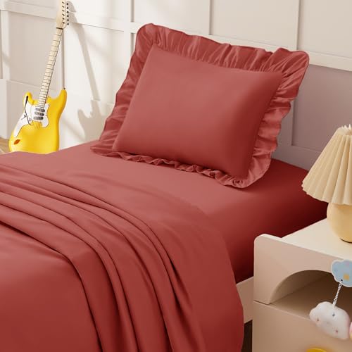 Image of KKJIAF 3 Piece Toddler Sheet Set Microfiber, Includes a Flat Sheet, a Fitted Sheet and a Ruffle Pillowcase, Rust Red