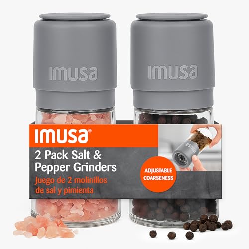 Image of IMUSA Salt and Pepper Grinder Set, 2-Pack, Manual | Adjustable ceramic core for fine-to-coarse grinding, ergonomic grip, glass base resists stains, 6oz means fewer refills