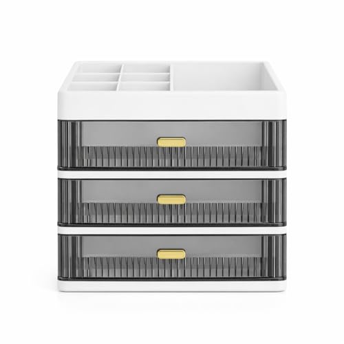 Image of HoopVool Desk Makeup Organizer, Plastic Storage Box with Sliding Drawer, Stylish Display Case for Cosmetics, Lotion, Nail Polish, Brushes, and Jewelry, 3-Layer, White
