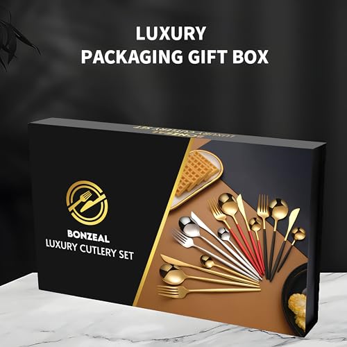 Image of Stainless Steel Black Gold Cutlery Set for 6 Person with Gift Box 24 Pieces Mirror Finish Luxury Premium Flatware Set for Dining Table Hotel Cafe Bar Restaurant House Warming Gifts