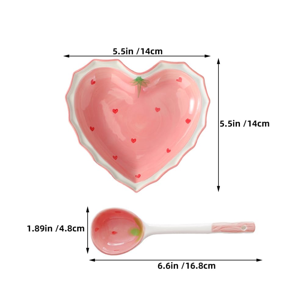 Heart Shaped Ceramic Dessert Plate Candy Bowl with Spoon Cute Strawberry Fruit Appetizer Serving Bowl Sushi Dinner Plate Snack Serving Platter 6 inches