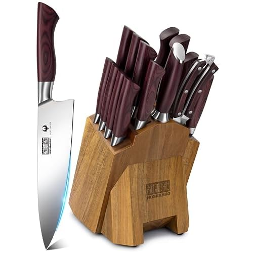HOSHANHO 18PCS Kitchen Knife Block Set, Sharp Chef Knives with Sharpener