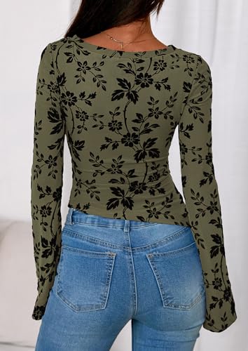 PRETTYGARDEN Women Long Sleeve Floral Mesh Tops Blouse 2025 Fall Trendy Boat Neck Ruched Fitted Shirt Going Out Date Outfits4