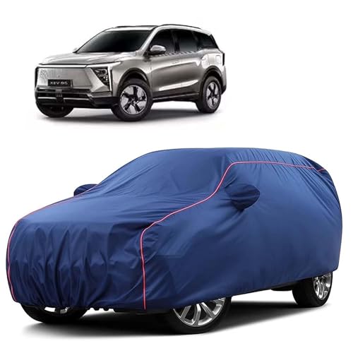 Image of Sulfar 100% Water Resistant Car Body Cover Compatible with Mirror for Mahindra XEV 9S (Triple Stitched, Full Bottom Elastic, Blue Tafetta with Red Piping)