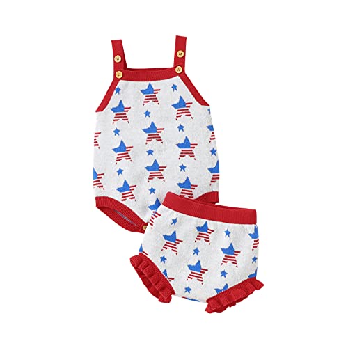 Recém-nascido bebê meninas meninos malha sem mangas quarto de julho suéter macacão shorts babados ba