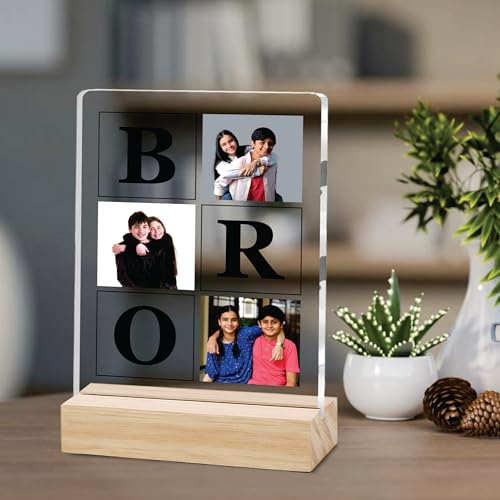 Image of Giftplease Customized Photo And Text Frame With Wooden Stand | Personalised Printed Photo Frame | Gift For Brother | Birthday | (Transparent, 5MM, 6 * 8 Inches), Tabletop BG 02