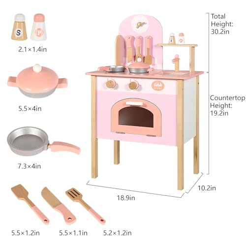 Wooden Pink Kitchen Playset,Kids Play Kitchen Utensils, Accessories for Pretend Play Kitchen Set, Montessori Learning Toy, Pretend Cooking Playset, for 3+ Girls