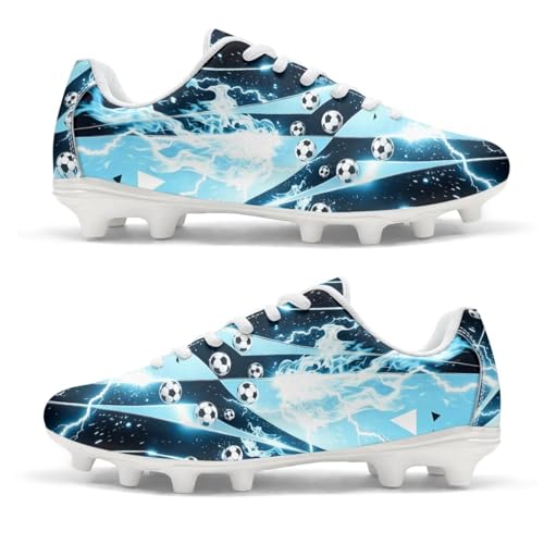 Luzeephang Lightning Football Cleats PU Leather Lace Up Light Blue Pattern Soccer Cleats, Slip Resistant Athletic Shoes with Low Top Fit All Surface for Professional Training