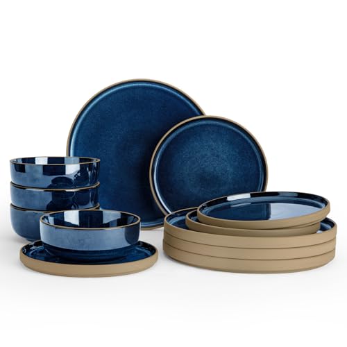 Image of Famiware Nature Plates and Bowls Sets, 12 Pieces Stoneware Dinnerware Sets, Dishes Set for 4, Dishware Sets, Microwave and Dishwasher Safe, Midnight Blue