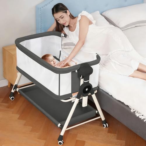 Image of MEICHYUN Baby Bassinet, Rocking Bassinet, 3 in 1 Bassinets Bedside Sleeper, Bedside Bassinet for Baby with Storage Basket and Wheels, Adjustable Bedside Crib for Newborn (Black)