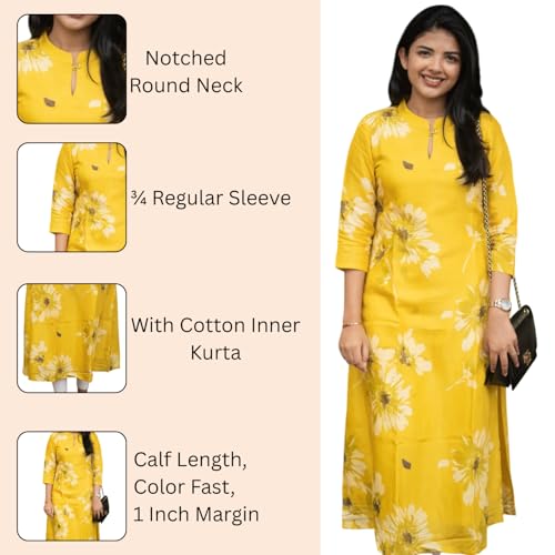 Image of Sun Fashion And Lifestyle Rayon Printed Straight Calf Length Kurta for Women | Kurti (KT69 Yellow)