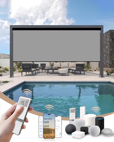 Image of Kincmo Motorized Outdoor Shades for Patio Porch, Custom Outdoor Motorized Blinds with Remote, Waterproof & Windproof Patio Shades Work with Apple Home,Alexa,Google (Grey-0% Openness)