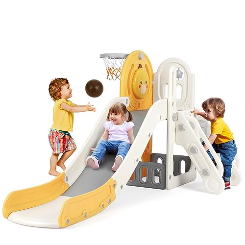 JOYLDIAS 5 in 1 Toddler Slide, L-Shaped Freestanding Slide for Kids w/Basketball Hoop & Ball, Non-Slip Step and Storage Space, Indoor Outdoor Backyard Playground Toy for Age 1-3 Boy & Girl(Cute Duck)