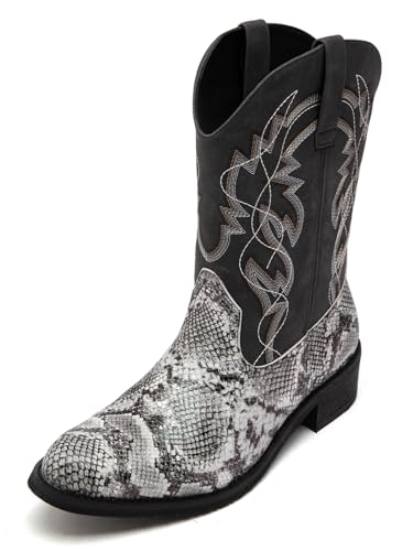 Image of Python Manning Men's Boots Cowboy for Men Classic Pointed Toe Western Pull Up Snakeskin Embroidered Mid-Calf Boots