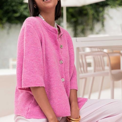 Image of Women Lightweight Knitted Cropped Cardigan Shirt Short Sleeve Button Down Sweater Y2k Open Front Loose Ribbed Shirt