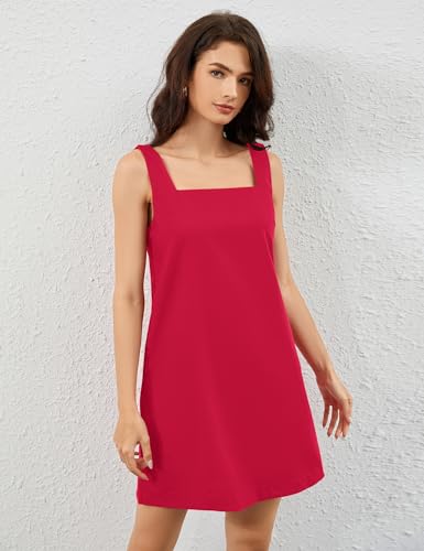 Image of Summer Linen Mini Dress for Women Sleeveless Square Neck Tank Shift Dresses Causal Backless Solid Short Sundress