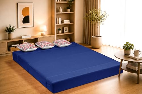 Image of Three Seater Sofa Cum Bed Jute Fabric 5 X 6 Ft| Space Saving Foldable Sofa Bed for Living Room & Guest Room | Comfortable Multi-Functional Furniture - Blue
