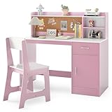 COSTWAY Kids Desk and Chair Set, Wooden Children School Study Table with Drawer, Bulletin Board, Hutch, Storage Shelves, Student Writing Desks for Reading Crafting (Pink+White)
