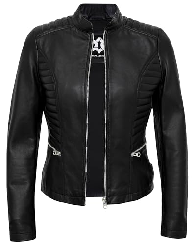 UrbanFocal Cafe Racer Style Black Leather Jacket Women - Real