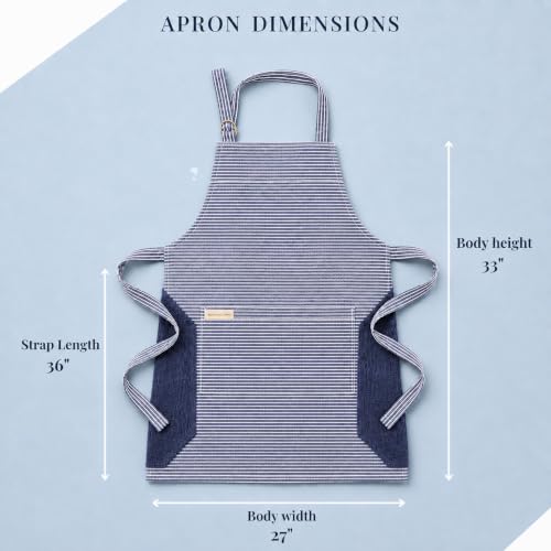 Image of Kitchen Apron - 100% Cotton, Adjustable Neck strap, Large Pocket - Unisex Apron for Men & Women - Cooking, Baking, BBQ, Gardening - Solid Colours, Striped and Checkered Patterns