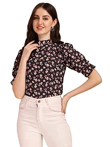 Image of Women's Casual Trendy Floral Top with Stylish Short Puffed Sleeves Western Ruffled Collar