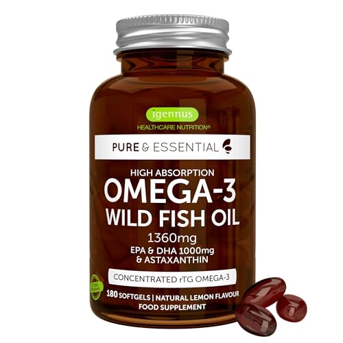 Igennus Omega-3 Wild Fish Oil & Astaxanthin, Highest Grade Triglyceride rTG, 180 Softgels, IFOS Certified Ultra Pure, Omega-3 EPA & DHA Fatty Acids 1000mg, Tested Safe for Mercury, PCBs and Dioxins