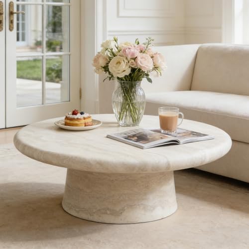 YOPENG 35.43 Modern Round Marble Coffee Table Faux Stone Coffee Table with Pedestal Base Mushroom Center Table Circle Fiberglass Sofa Side End Tables for Living Room Apartment Home Office