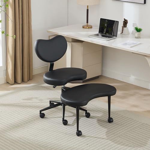 Image of Ergonomic Cross Legged Office Chair with Wheels, ADHD Chair for Adults, Meditation Chair, Yoga Office Chair, Comfortable Back Support, Height Adjustable,Small Spaces,PU Leather-Black-2