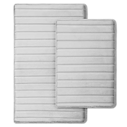 Microdry Softlux Charcoal Infused Memory Foam Bath Mats For Bathroom, Sheer Stripe Bathroom Rugs With Griptex Skid-Resistant Base, Ultra Absorbent Bath Mat, 2-Piece Set, 17X24” And 21X34”, Light Grey #TOP29