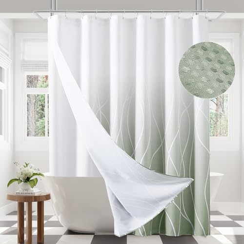 Shower Curtains Sage Green 72x78, Green and White Shower Curtain with Liner Waffle Drapes with Snap in Fabric Liner Double Bath Curtains for Bathroom Washbale Curtain Set Palegreen