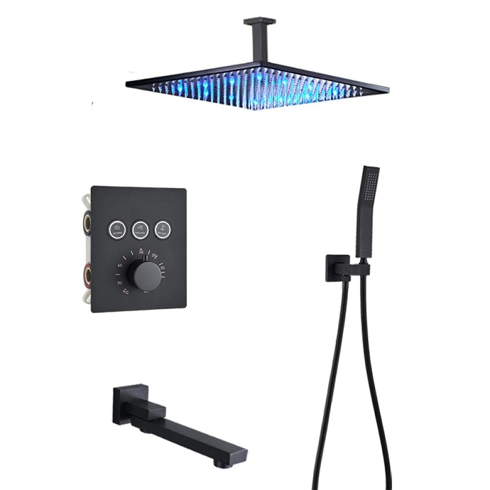 Yniyujkl Black Thermostatic Bathroom Shower Faucet Rainfall Shower Head Wall Mounted Bathtub Mixer Tap Bath Shower Set Wall-B3-Way-16-Inch Wall,B-3Way-16Inch Ceili