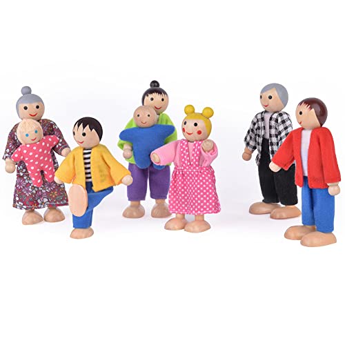 Aolso Drewniany domek dla lalek, rodzinny domek dla lalek, zestaw 8 osób, drewniany domek dla lalek z 4 psami, piękny zestaw do zabawy szczęśliwa rodzina, akcesoria dla dzieci