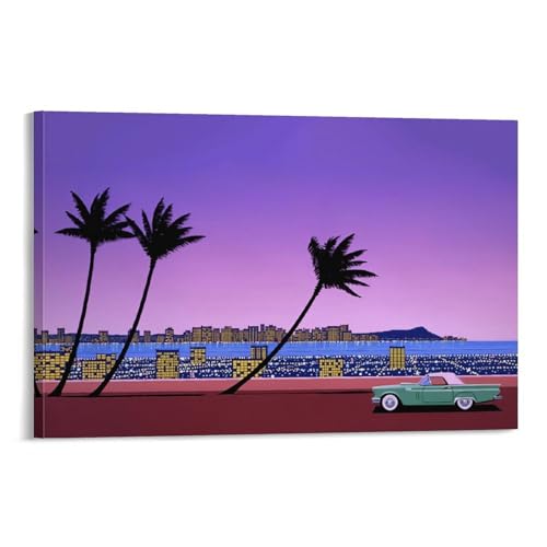 Toile voitures classiques Hiroshi Nagai, poster artistique paysage de rue rétro 60x90
