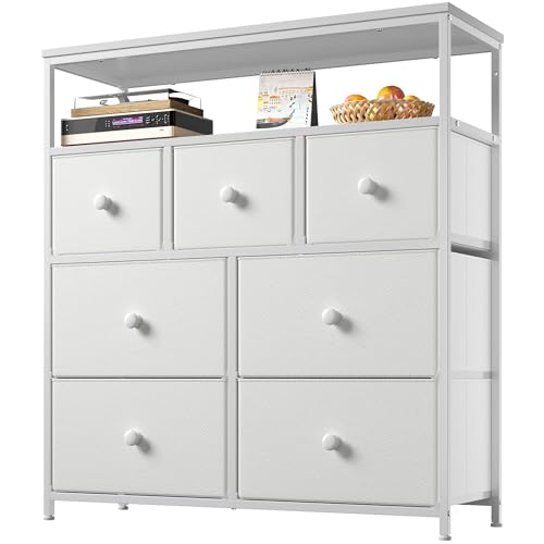 Image of EnHomee White Dresser with 7 Drawers and 2 Shelves, TV Stand Dresser & Chest of Drawers for Bedroom, Hallway, Entryway