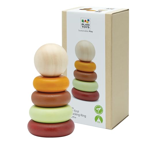 PlanToys Stapelturm Baby aus Holz - 5-teiliges Stapelspielzeug - Motorikspielzeug mit Ringen - Holzspielzeug Geschenke - Modern Rustic