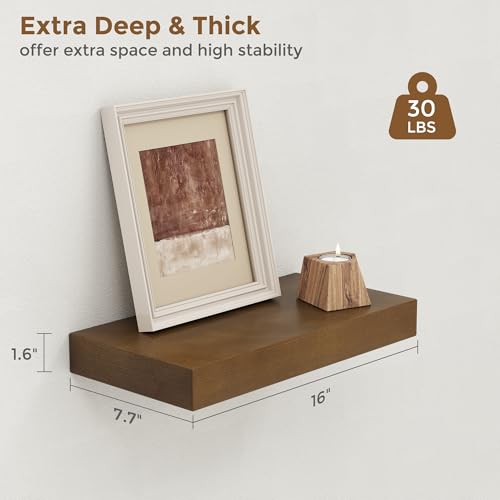 Image of Marsmiles Wood Floating Shelves | Rustic Dark Wood Wall Shelves Set of 2 | 16 inch W x 7.7 inch D x 1.6 inch H Dark Wooden Shelves for Bathroom Living Room Kitchen