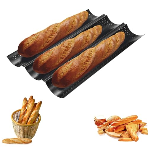 Xusxes Molde Pan Baguette, Baguette Bandeja para Hornear, Bandeja para Baguette，Bandeja de pan de tres ranuras para hornear pan francés, 38,5 * 24,5 * 2,5 cm, negro