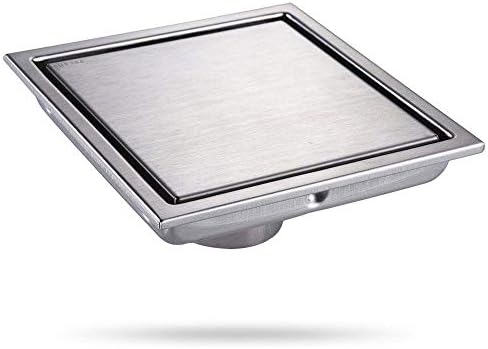 Square Shower Floor Drain with Tile Insert Grate - Made of Sus304 Stainless Steel, 6-inch, Multipurpose, Invisible Look or Flat Cover - Brushed Stainless