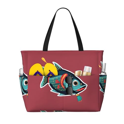 Large Capacity Beach Bag Waterproof Pool Tote for Gym Swimming Camping Carry On Bag Fish with a Lure Print