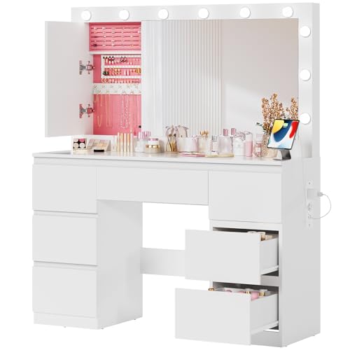 Airfish Tocador de Maquillaje Grande con Luces LED Regulables y enchufes, Mesa de Maquillaje con Espejo, Mesa de Tocador con 7 cajones y Organizador de Joyas, 120x40x140 CM Moderno Blanco
