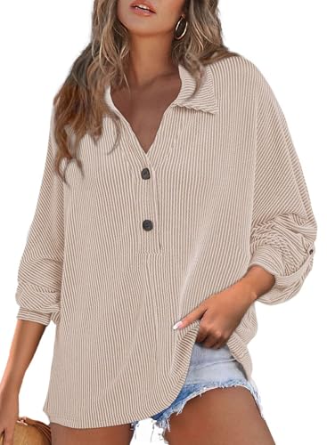 Astylish Women's Casual Blouses Button Down Business Batwing Tops Long Sleeve V Neck Ribbed Shirts 2025 Fall Outfit