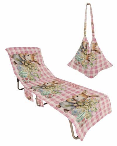 Easter Day Beach Chair Towel Covers for Chaise Lounge with Side Pocket, Soft Plush Pool Towels Cover for Patio Sunbathing Outdoor 29''x85'' Easter Bunny Easter Eggs Daisy Plaid Pink