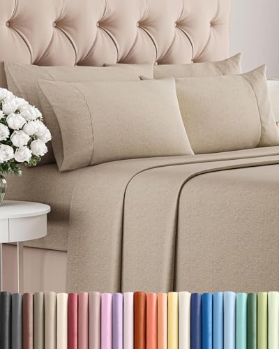 Image of Queen 6 Piece Bed Sheet Set - Breathable & Cooling Sheets - Heathered Beige | Ultra-Soft Hotel Luxury Bedding Set w / 8-16 Inch Deep Pockets, 1 Flat & 1 Fitted Sheet & 4 Pillowcases, Wrinkle & Fade Free