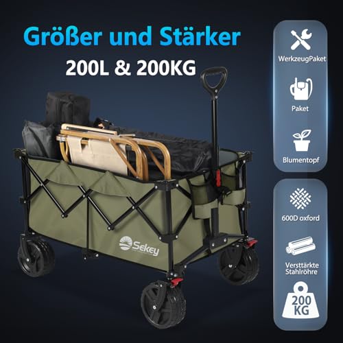 Sekey XXL Plus Bollerwagen Faltbar mit Bremsen 200L 200KG Belastbar, Extra Breite Reifen All Terrain Bollerwagen, Patentiert Zusammenfaltbar aus Vier Richtungen, XXL-PlusB 4011, Grün
