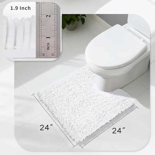 Image of Yimobra Toilet Rugs U Shaped Washable, Extra Thick Soft Absorbent Chenille Contour Bathroom Rugs for Toilet 24x24 Inch, Quick Dry Non Slip Toilet Mat for Bath Floor, White