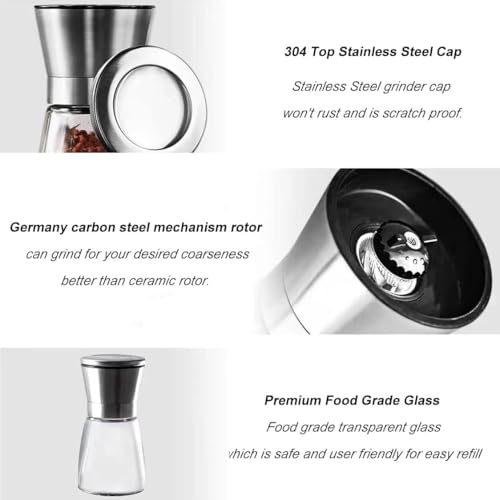 Image of Pepper Grinder or Salt Grinder, Best Spice Mill with Ceramic Blades, Adjustable Coarseness, Black Pepper Mill Grinder Shaker Steel Lid, MINI Pepper Mill / 2PCS